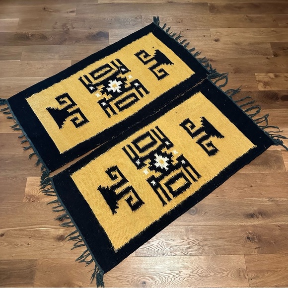 Bundle of wool rugs vintage mustard yellow black boho western runner woven - Picture 4 of 10